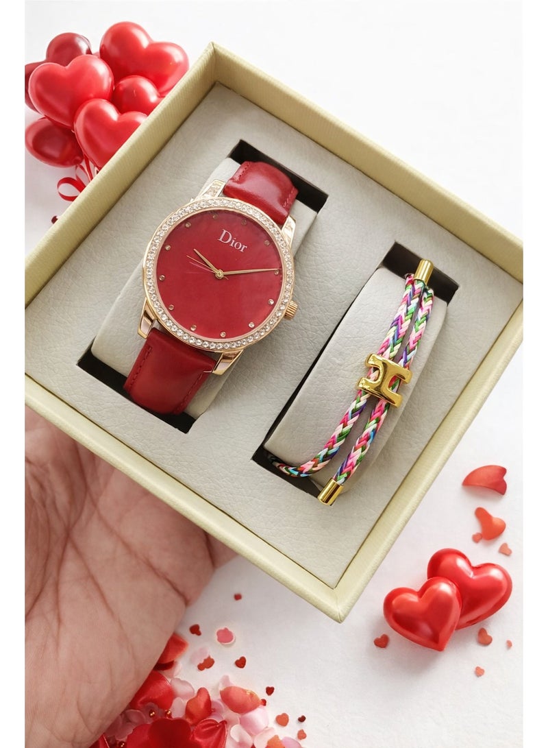 ديور طقم ساعة نسائية أنيقة مع سوار – مينا حمراء وإطار كريستال - Image 1